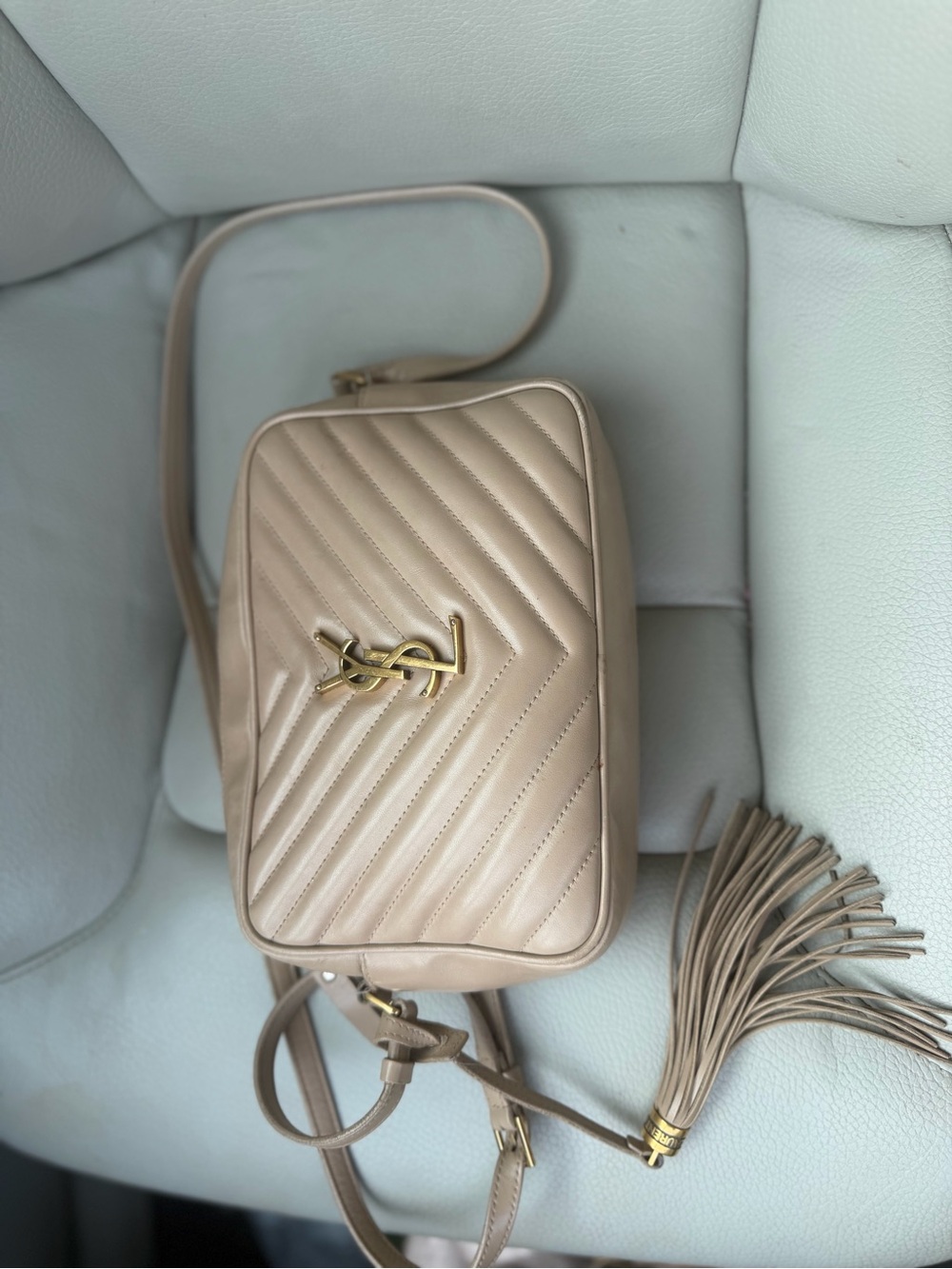 Saint Laurent Beige Quilted Leather Camera Crossbody with Tassel
